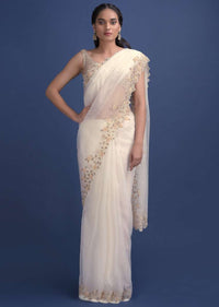 Porcelain White Saree In  Organza Enhanced With Embroidered Floral Pattern Online - Kalki Fashion