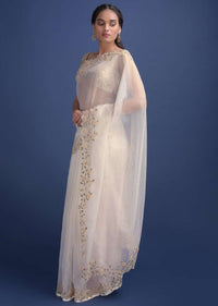 Porcelain White Saree In  Organza Enhanced With Embroidered Floral Pattern Online - Kalki Fashion