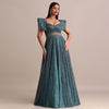 Poseidon Teal Circular Flared Gown With Fancy Sleeves