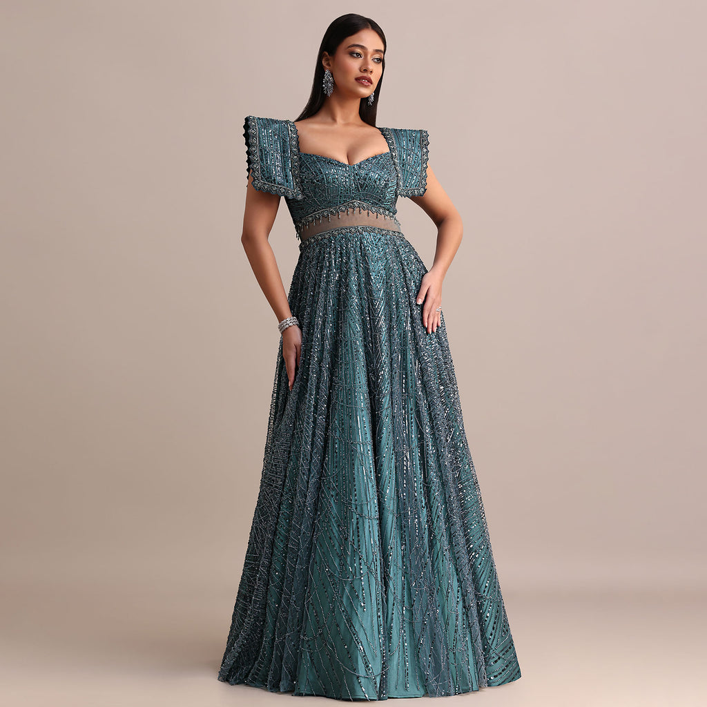 Poseidon Teal Circular Flared Gown With Fancy Sleeves