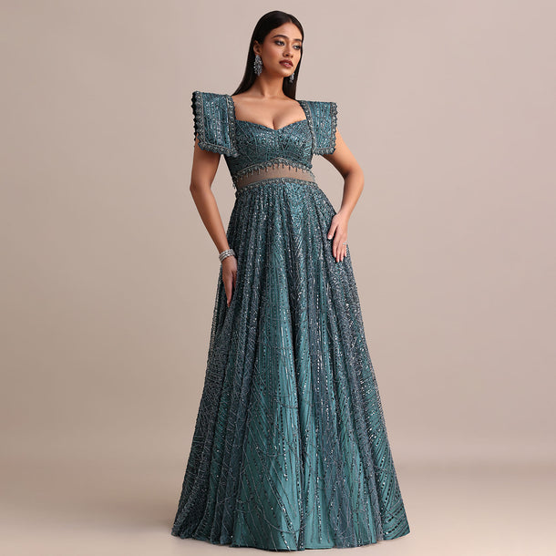 Poseidon Teal Circular Flared Gown With Fancy Sleeves