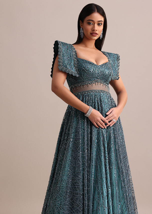 Poseidon Teal Circular Flared Gown With Fancy Sleeves