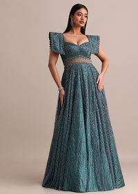 Poseidon Teal Circular Flared Gown With Fancy Sleeves