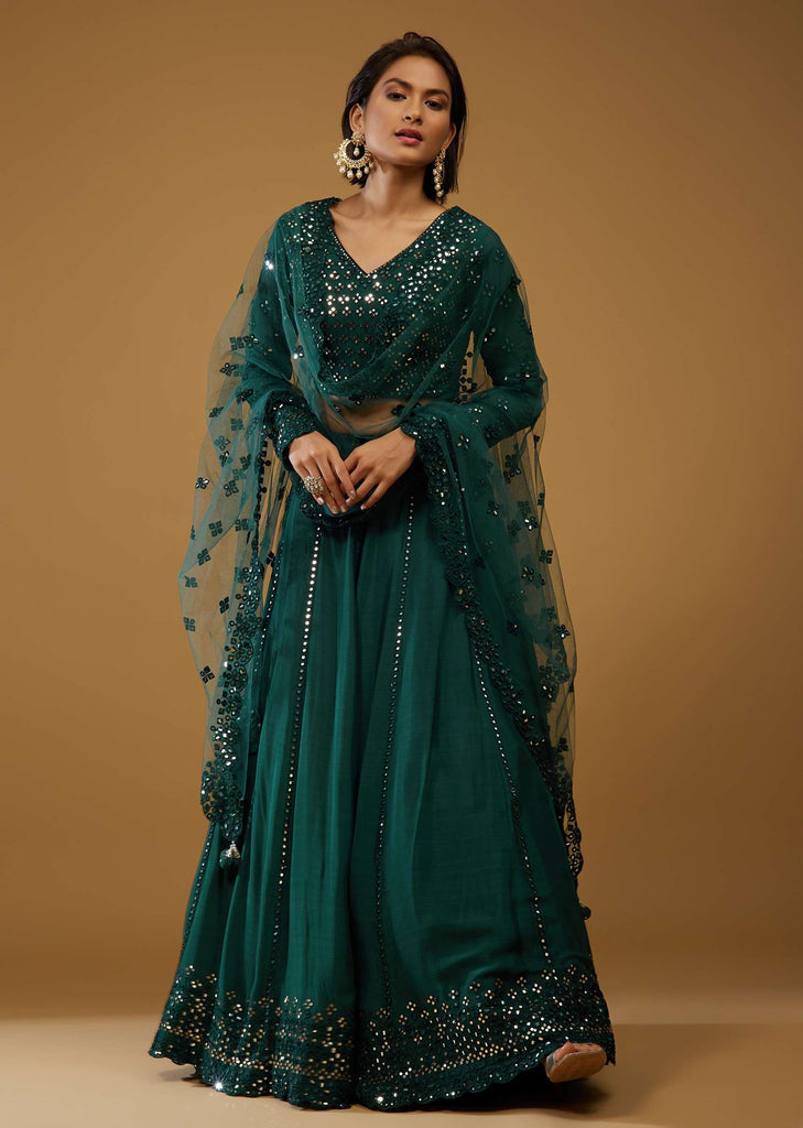 Emerald Green Lehenga Choli With Mirror Embroidery