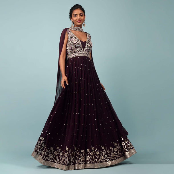 Potent Purple Embroidered Anarkali Suit In Georgette