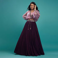 Wine Purple Skirt And Printed Shrug Top