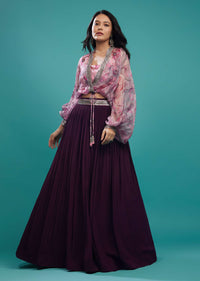 Wine Purple Skirt And Printed Shrug Top