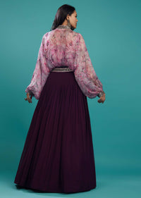 Wine Purple Skirt And Printed Shrug Top