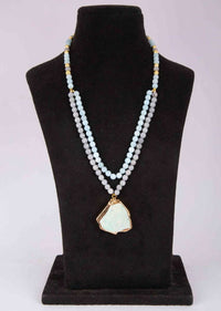 Powder Blue And Grey Color Double Layer Beaded Necklace With A Green Semi Precious Stone Pendant Online - Kalki Fashion