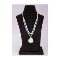 Powder Blue And Grey Color Double Layer Beaded Necklace With A Green Semi Precious Stone Pendant Online - Kalki Fashion
