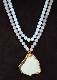 Powder Blue And Grey Color Double Layer Beaded Necklace With A Green Semi Precious Stone Pendant Online - Kalki Fashion