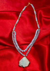 Powder Blue And Grey Color Double Layer Beaded Necklace With A Green Semi Precious Stone Pendant Online - Kalki Fashion