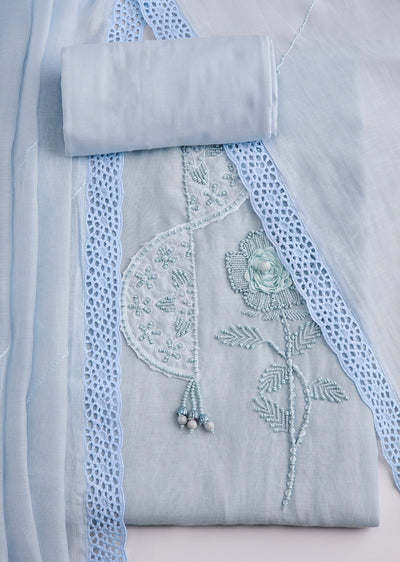 Powder Blue Cotton Lace Work Unstitched Suit Set With Dupatta