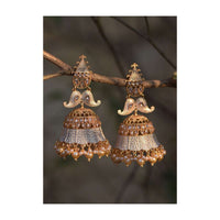 Powder Blue Ethnic Jhumkas With Carved Design Crystals And Dangling Pearls Online - Kalki Fashion