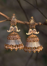 Powder Blue Ethnic Jhumkas With Carved Design Crystals And Dangling Pearls Online - Kalki Fashion