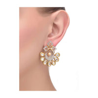 Powder Blue Gold Plated Earrings With Kundan And Crystals In Floral Pattern With Dangling Pearl  Online - Kalki Fashion