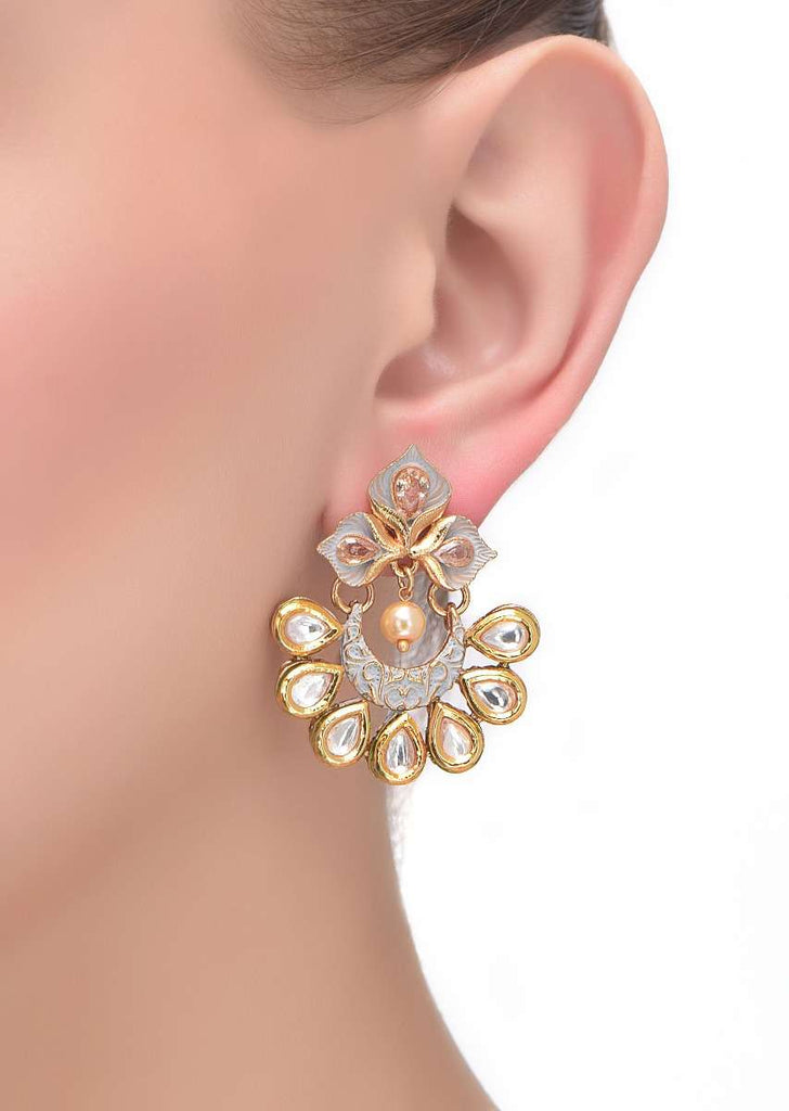 Powder Blue Gold Plated Earrings With Kundan And Crystals In Floral Pattern With Dangling Pearl  Online - Kalki Fashion