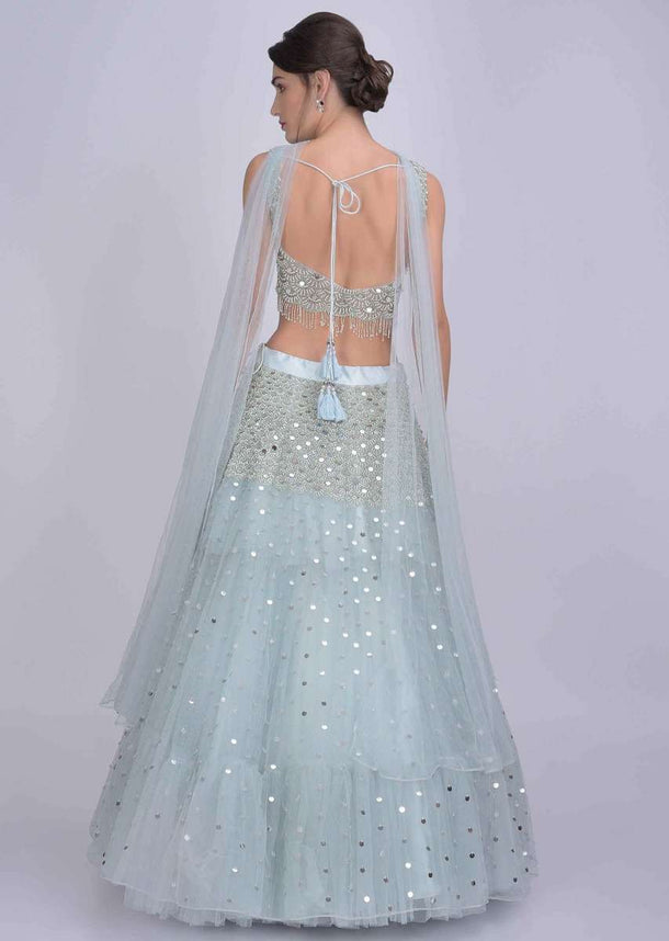 Nia Sharma Powder Blue Lehenga Set In Net With Fancy Two Piece Dupatta Attached At The Neckline