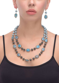 Powder Blue Pearls And Blue Stone Studded Beads Double Layer Necklace And Earrings Set Online - Kalki Fashion