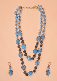 Powder Blue Pearls And Blue Stone Studded Beads Double Layer Necklace And Earrings Set Online - Kalki Fashion