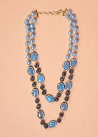 Powder Blue Pearls And Blue Stone Studded Beads Double Layer Necklace And Earrings Set Online - Kalki Fashion