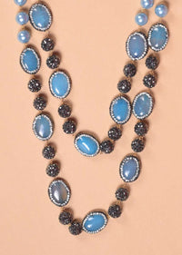 Powder Blue Pearls And Blue Stone Studded Beads Double Layer Necklace And Earrings Set Online - Kalki Fashion