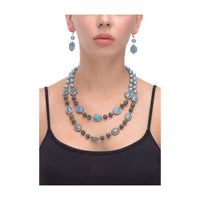 Powder Blue Pearls And Blue Stone Studded Beads Double Layer Necklace And Earrings Set Online - Kalki Fashion