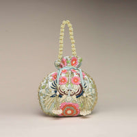 Powder Blue Potli Bag In Satin With Hand Embroidered Floral Design Using Thread And Zardosi