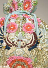 Powder Blue Potli Bag In Satin With Hand Embroidered Floral Design Using Thread And Zardosi