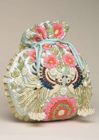 Powder Blue Potli Bag In Satin With Hand Embroidered Floral Design Using Thread And Zardosi