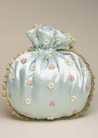 Powder Blue Potli Bag In Satin With Hand Embroidered Floral Design Using Thread And Zardosi