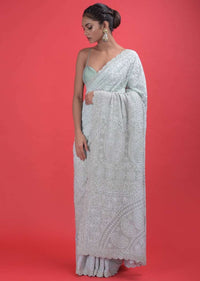 Powder Blue Saree In Georgette With Lucknowi Thread And Stone Work In Floral Jaal Pattern Online - Kalki Fashion