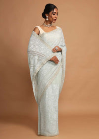 Powder Blue Saree In Georgette With Lucknowi Thread Embroidered Floral Jaal Online - Kalki Fashion