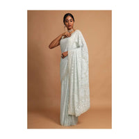 Powder Blue Saree In Georgette With Lucknowi Thread Embroidered Floral Jaal Online - Kalki Fashion