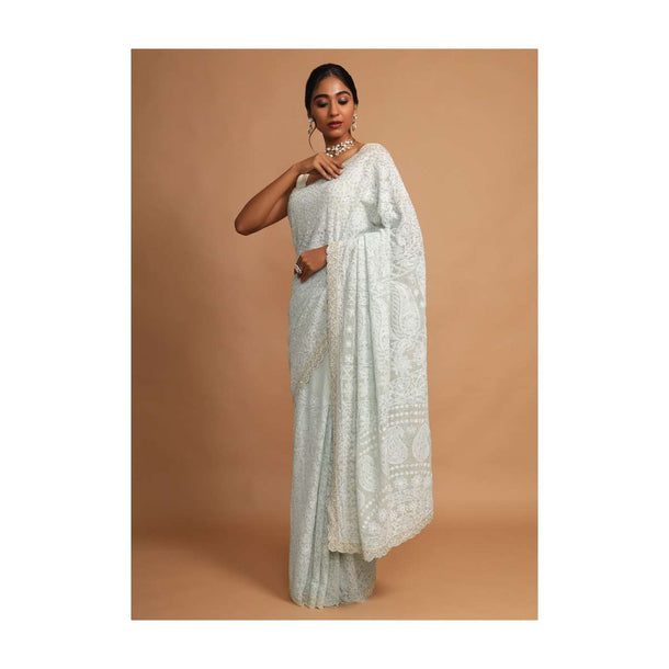 Powder Blue Saree In Georgette With Lucknowi Thread Embroidered Floral Jaal Online - Kalki Fashion