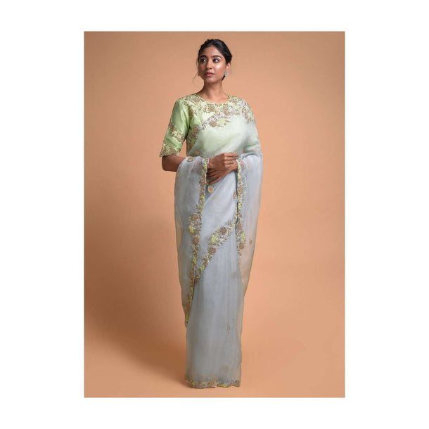 Powder Blue Saree In Organza With Embellished Floral Pattern On The Border Online - Kalki Fashion