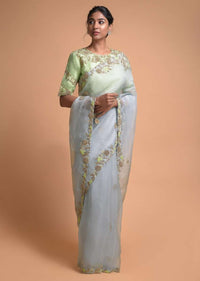 Powder Blue Saree In Organza With Embellished Floral Pattern On The Border Online - Kalki Fashion