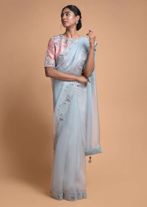 Powder Blue Saree In Organza With Embellished Semi Circles On The Border Online - Kalki Fashion