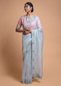 Powder Blue Saree In Organza With Embellished Semi Circles On The Border Online - Kalki Fashion