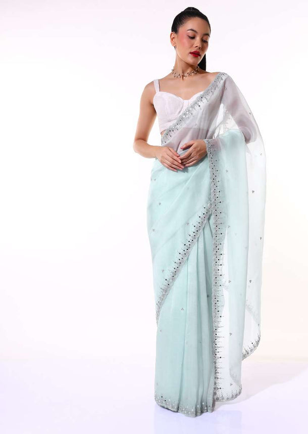 Powder Blue Saree In Organza With Mirror Embroidered Scallop Border Along With Cut Dana Accents Online - Kalki Fashion