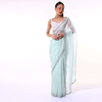 Powder Blue Saree In Organza With Mirror Embroidered Scallop Border Along With Cut Dana Accents Online - Kalki Fashion