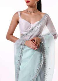 Powder Blue Saree In Organza With Mirror Embroidered Scallop Border Along With Cut Dana Accents Online - Kalki Fashion