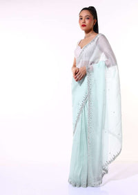 Powder Blue Saree In Organza With Mirror Embroidered Scallop Border Along With Cut Dana Accents Online - Kalki Fashion