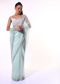 Powder Blue Saree In Organza With Mirror Embroidered Scallop Border Along With Cut Dana Accents Online - Kalki Fashion