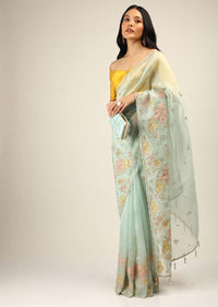 Powder Blue Saree In Organza With Multi Colored Applique Flowers And Cut Dana Accents