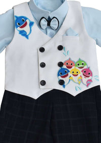 Powder Blue Shirt And Black Checks Pants With Fish Printed White Waistcoat By Fayon Kids