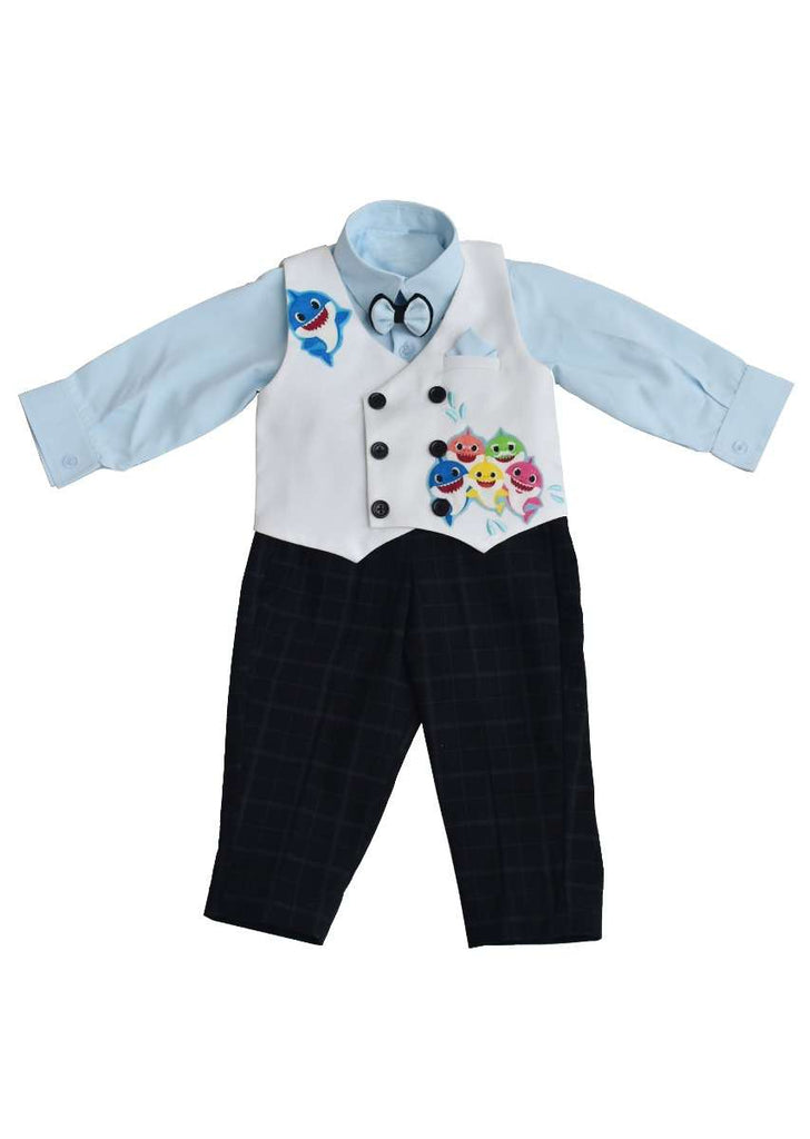 Powder Blue Shirt And Black Checks Pants With Fish Printed White Waistcoat By Fayon Kids