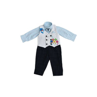 Powder Blue Shirt And Black Checks Pants With Fish Printed White Waistcoat By Fayon Kids