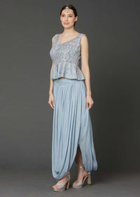 Powder Blue Sleeveless Peplum Top And Matching Skirt With Cowl Drape Online - Kalki Fashion