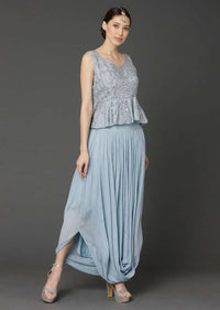 Powder Blue Sleeveless Peplum Top And Matching Skirt With Cowl Drape Online - Kalki Fashion